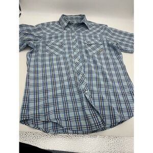 Wrangler Wrancher Western Shirt Mens M Blue Plaid Pearl Snap Short Sleeve